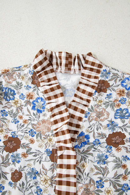 Brown Plaid Frilled Trim V Neck Floral Long Sleeve Blouse