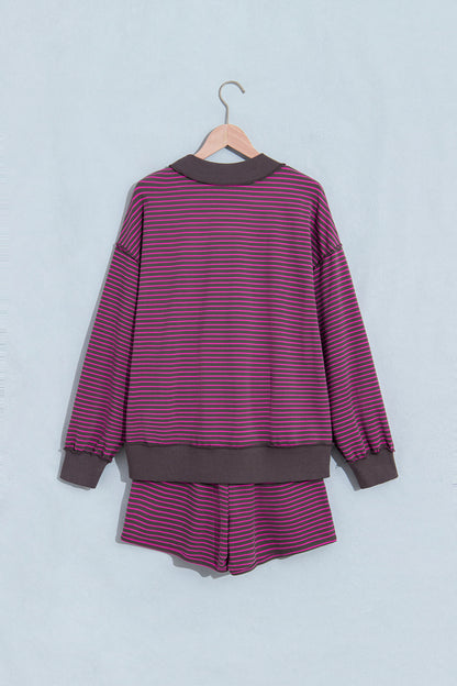 Pink Stripe Ribbed Patchwork Mock Neck Baggy Pullover Matching Shorts Set