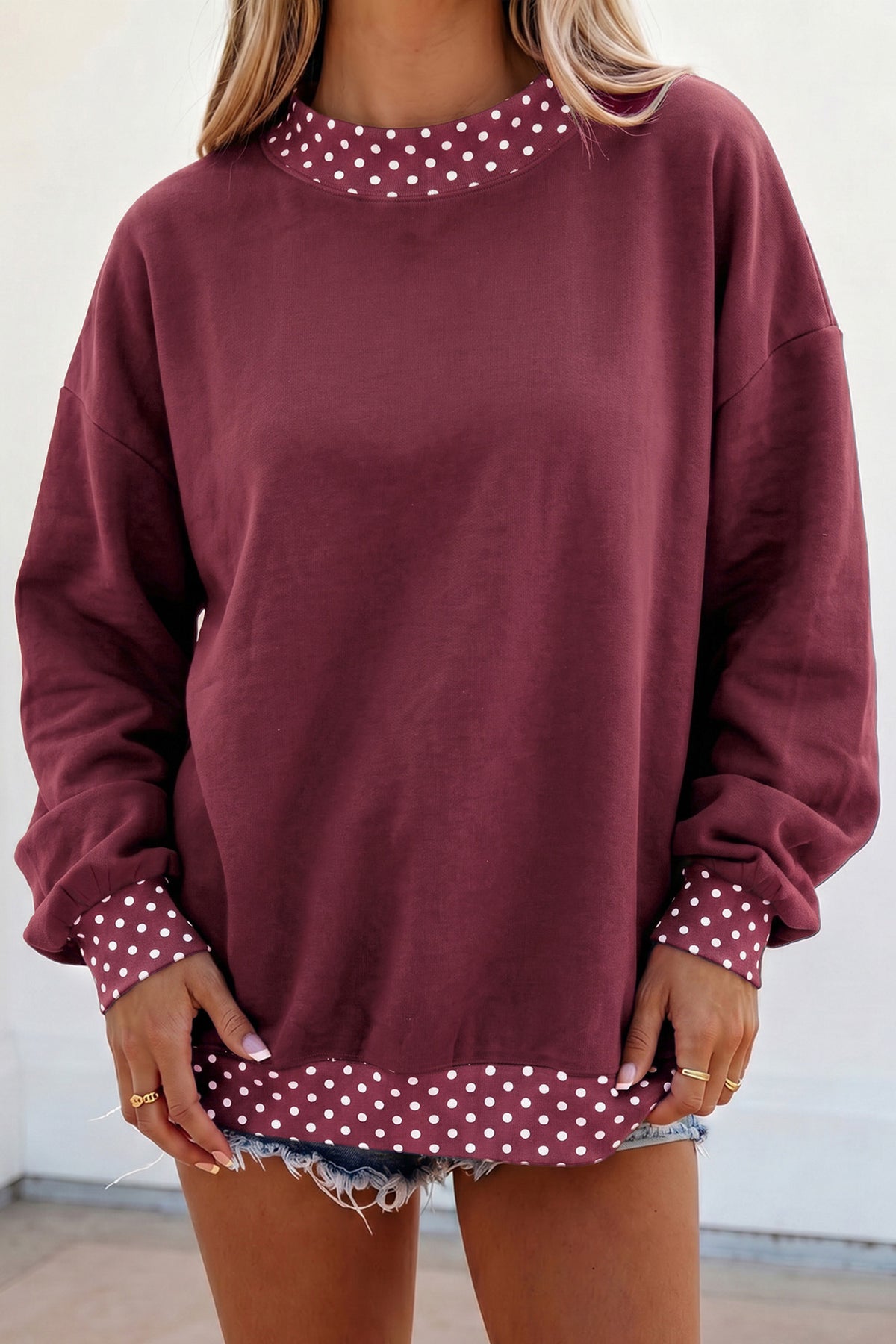 Pink Colorblock Polka Dot Contrast Trim Oversized Sweatshirt