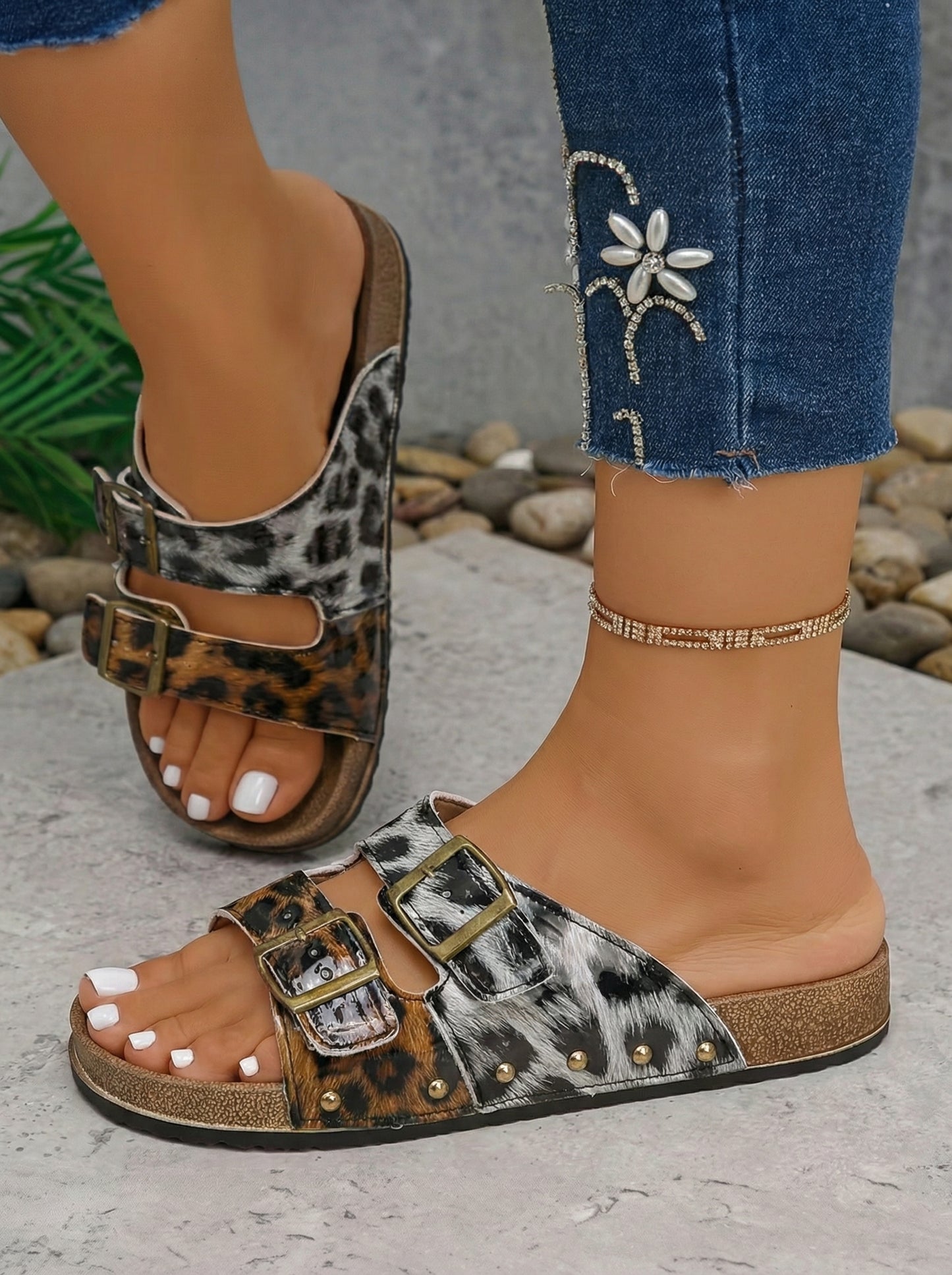 Sky Blue Denim Distressed Retro Buckle Straps Hollowed Faux Suede Slippers