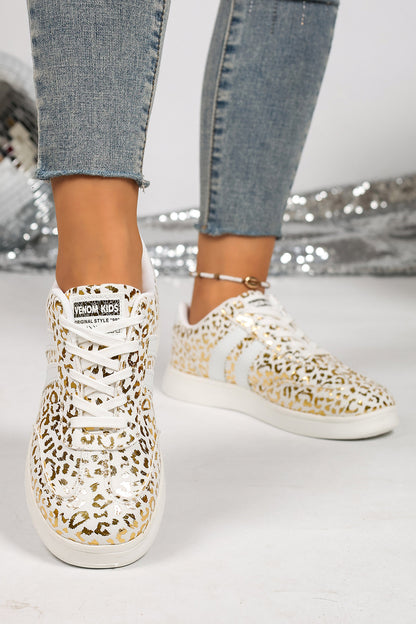 White Leopard Print PU Leather Detail Lace Up Casual Shoes
