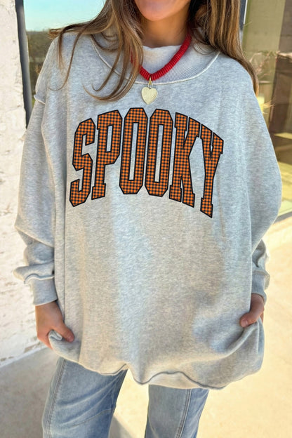 Light Grey Halloween Slogan Print Mock Neck Reversible Sweatshirt
