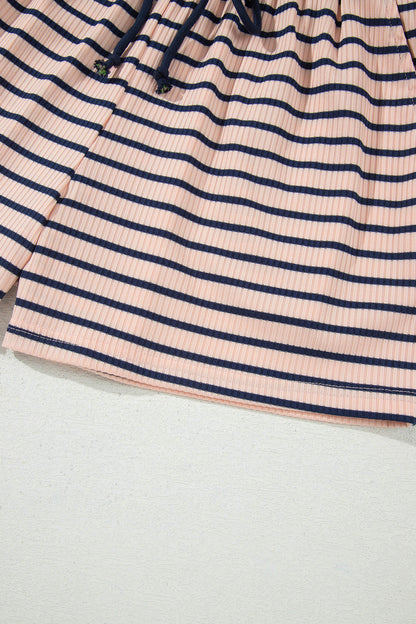 Blue Stripe Color Block Long Sleeve Pullover Ribbed Knit Casual Shorts Set