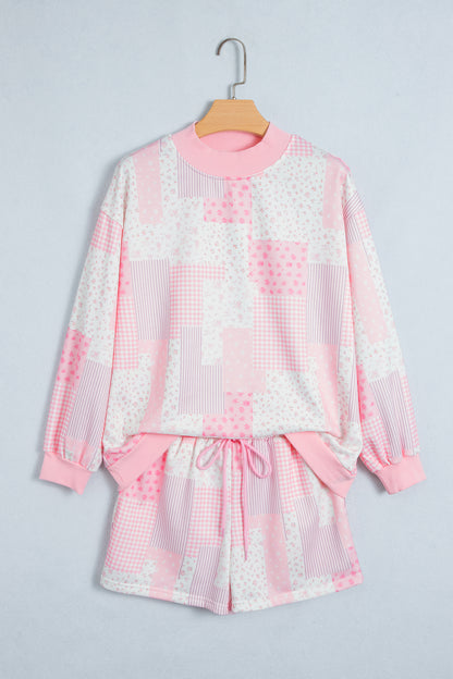 Light Pink Patchwork Floral Print Drop Shoulder Baggy Pullover Drawstring Shorts Set
