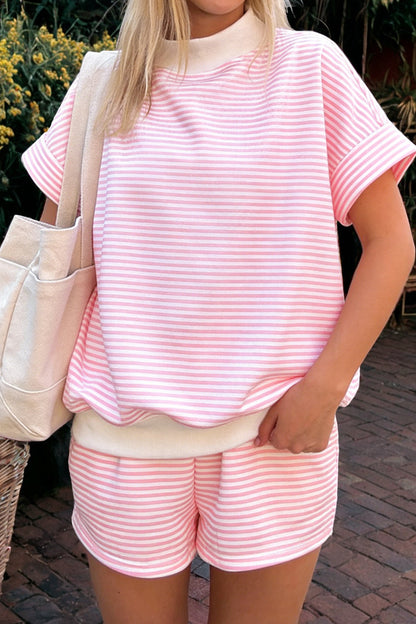 Green Stripe Cuffed Sleeve Contrast Mock Neck Tee Casual 2pcs Short Set