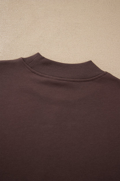 Coffee Solid Color Piping Trim Mock Neck Pullover Drawstring Pants Set