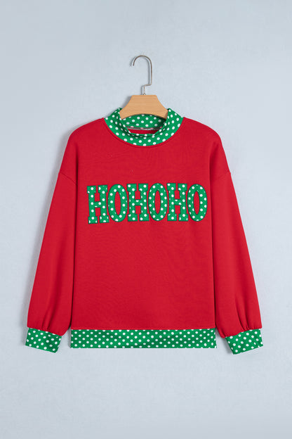 Fiery Red Polka Dot Letter Print Contrast Trim Mock Neck Sweatshirt