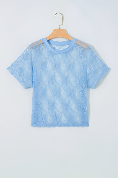 Beau Blue Sheer Floral Lace Boxy Tee