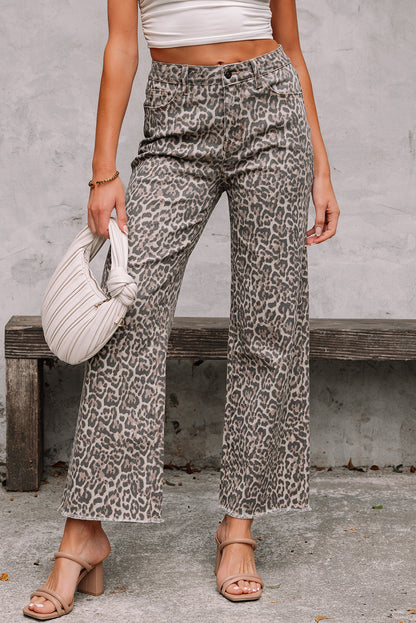 Gray Leopard Frayed Edge Wide Leg High Waist Jeans