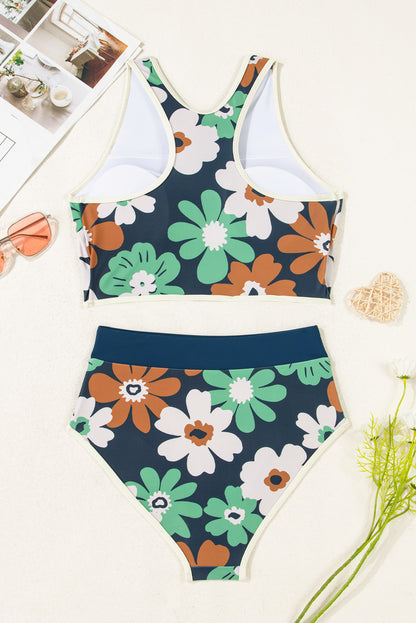 Blue Flower Zip up Racerback High Waisted Bikini