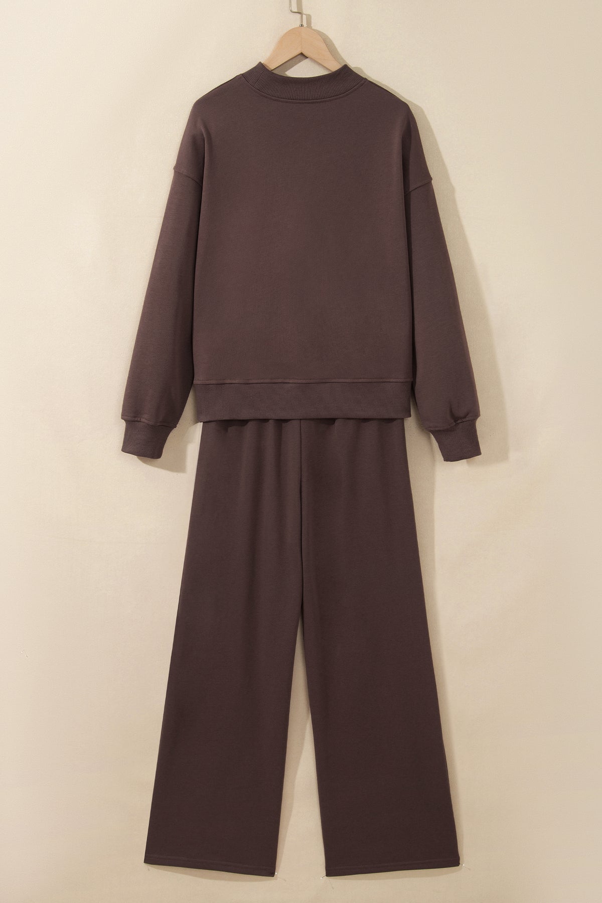 Coffee Solid Color Piping Trim Mock Neck Pullover Drawstring Pants Set
