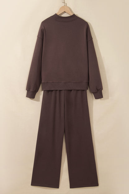 Coffee Solid Color Piping Trim Mock Neck Pullover Drawstring Pants Set