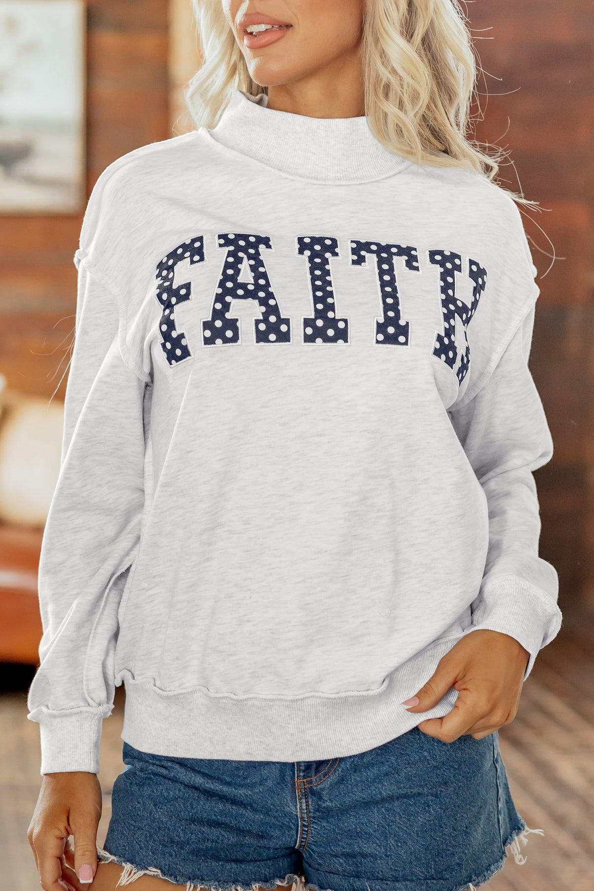 Gray High Neck Polka Dot Slogan Printed Baggy Sweatshirt