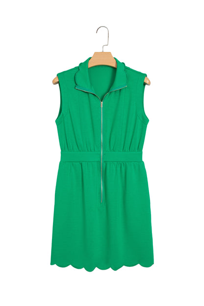Bright Green Sleeveless Zip Front Scallop Hem Mini Dress