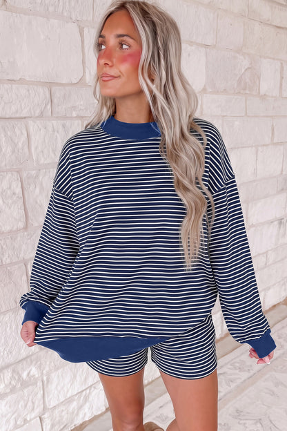 Pink Stripe Ribbed Patchwork Mock Neck Baggy Pullover Matching Shorts Set