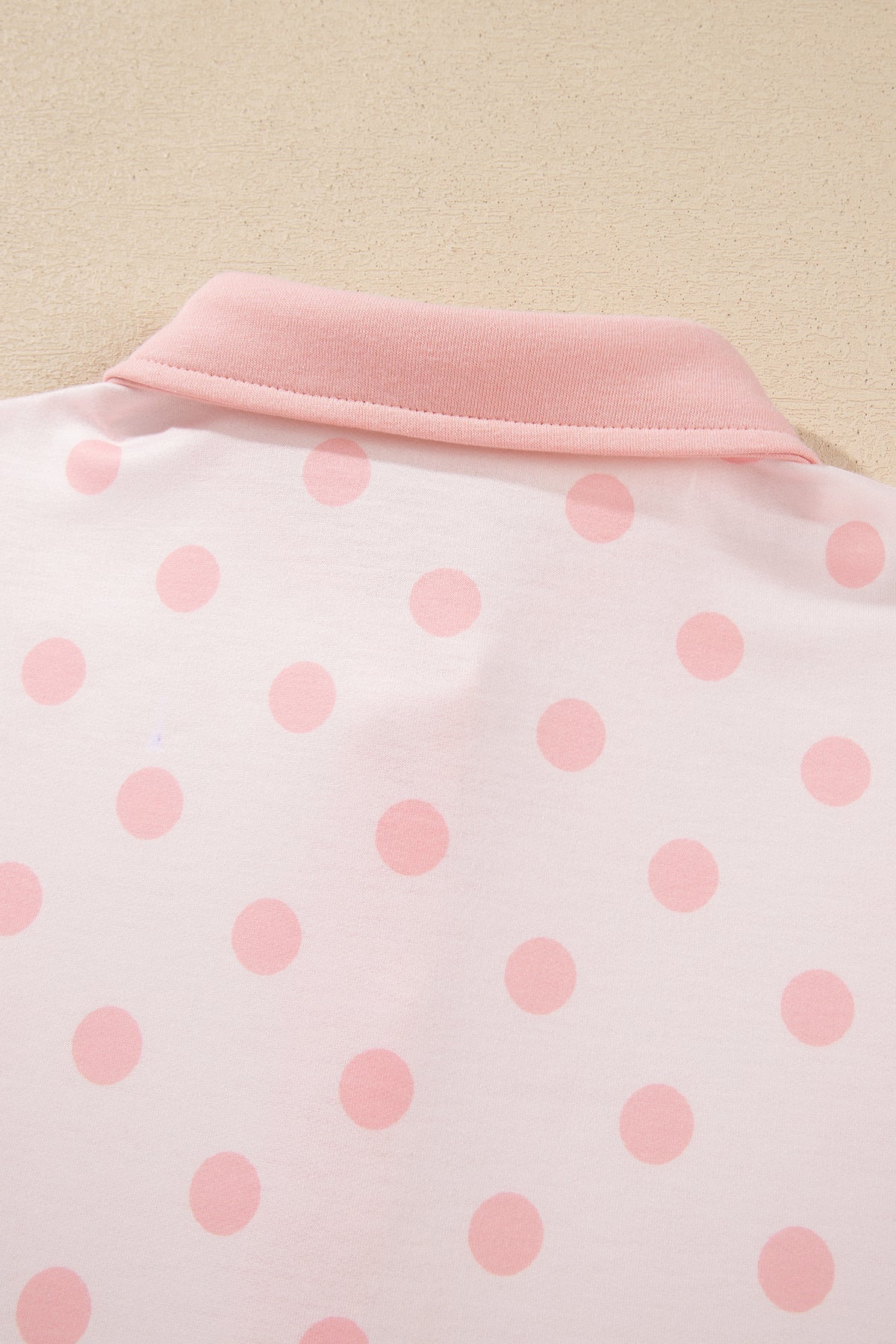 Pink Polka Dot Drop Shoulder Polo Loose Pullover Patch Pocket Casual Shorts Set