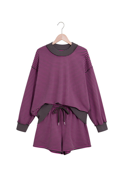 Pink Stripe Ribbed Patchwork Mock Neck Baggy Pullover Matching Shorts Set