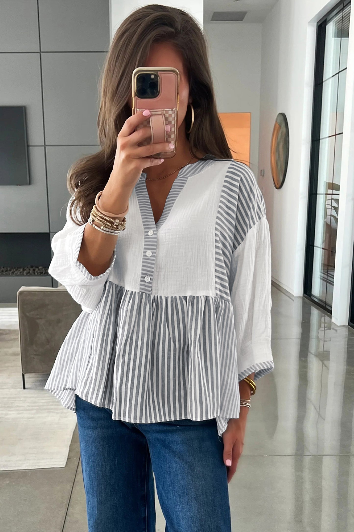 Gray Stripe Half Button Gauze Patchwork Bracelet Sleeve Babydoll Blouse