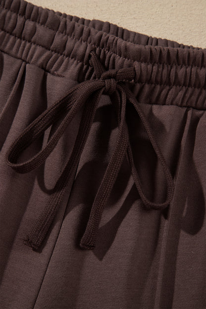 Coffee Solid Color Piping Trim Mock Neck Pullover Drawstring Pants Set