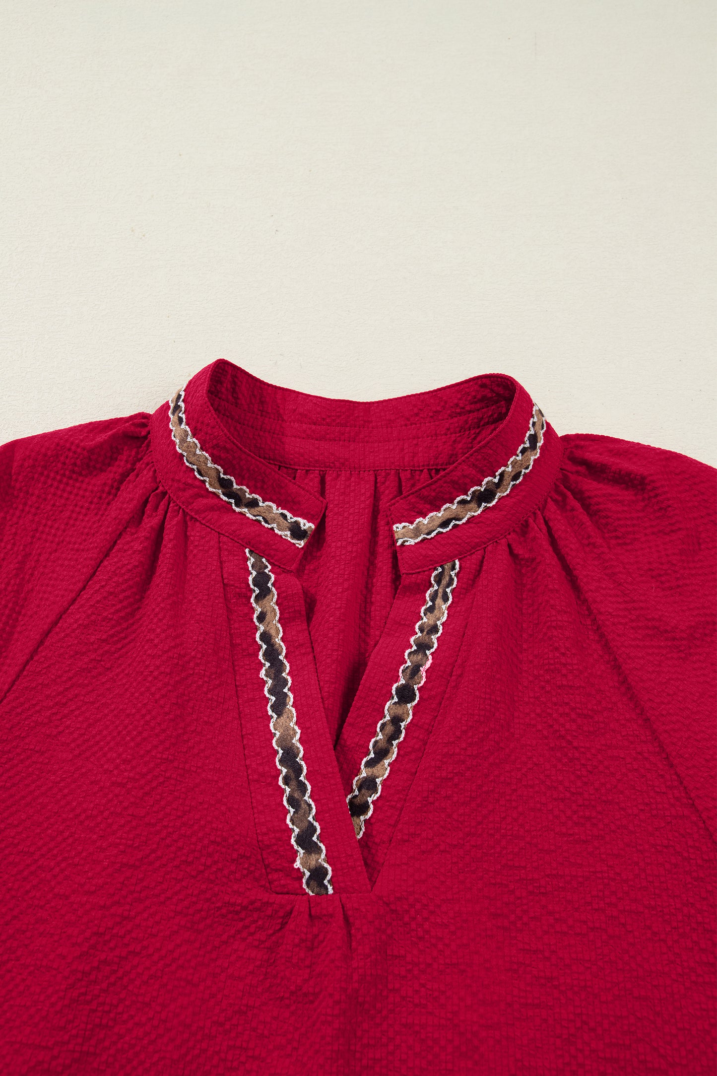 Racing Red Leopard Jacquard Print V Neck Textured Blouse