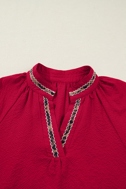 Racing Red Leopard Jacquard Print V Neck Textured Blouse