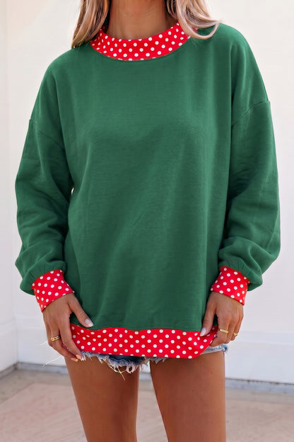 Pink Colorblock Polka Dot Contrast Trim Oversized Sweatshirt