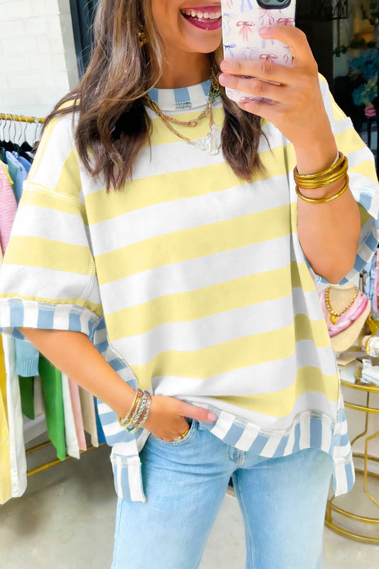 Yellow Stripe Exposed Seam Contrast Patchwork Oversized Top