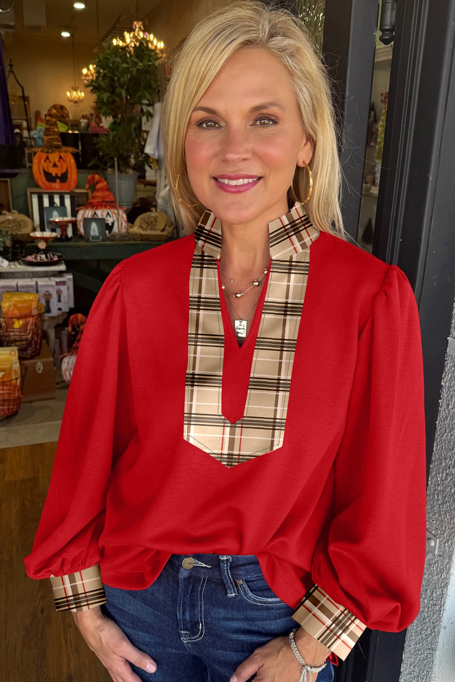 Racing Red Contrast Plaid Patchwork V Neck Long Sleeve Blouse