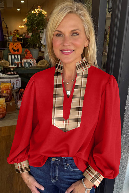 Racing Red Contrast Plaid Patchwork V Neck Long Sleeve Blouse