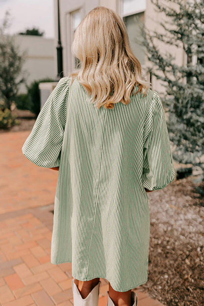 Sky Blue Stripe Color Block Patchwork Shirt Collar Button Down Puff Sleeve Mini Dress