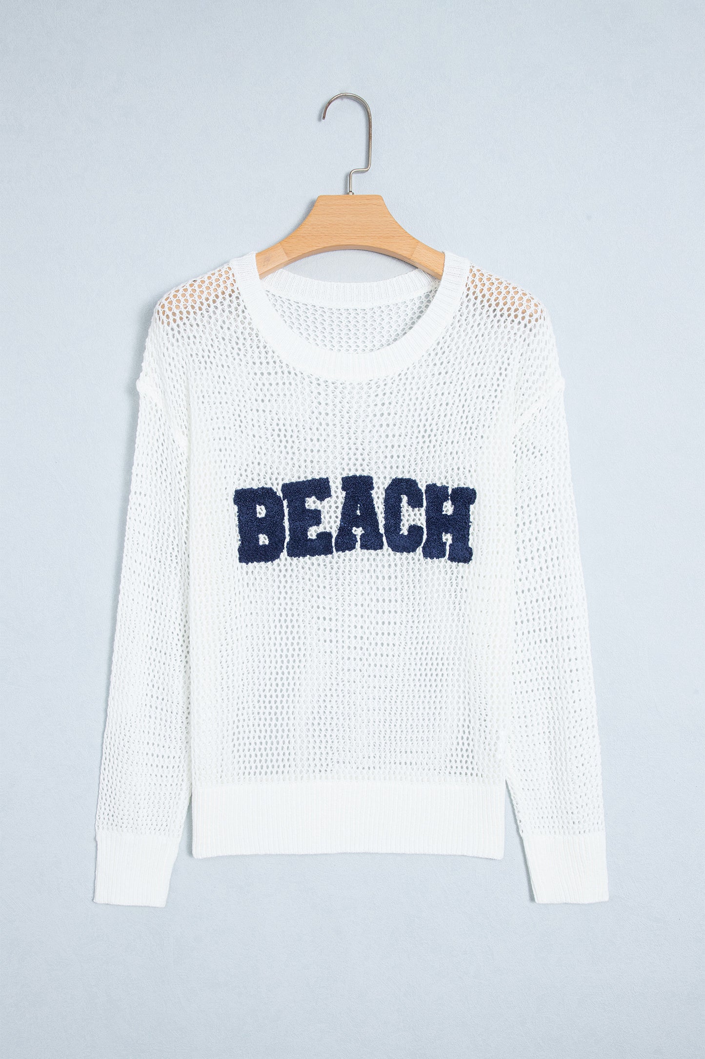 White Chenille BEACH Lettering Hollow Out Knit Casual Sweater
