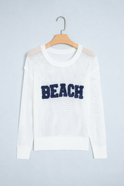 White Chenille BEACH Lettering Hollow Out Knit Casual Sweater