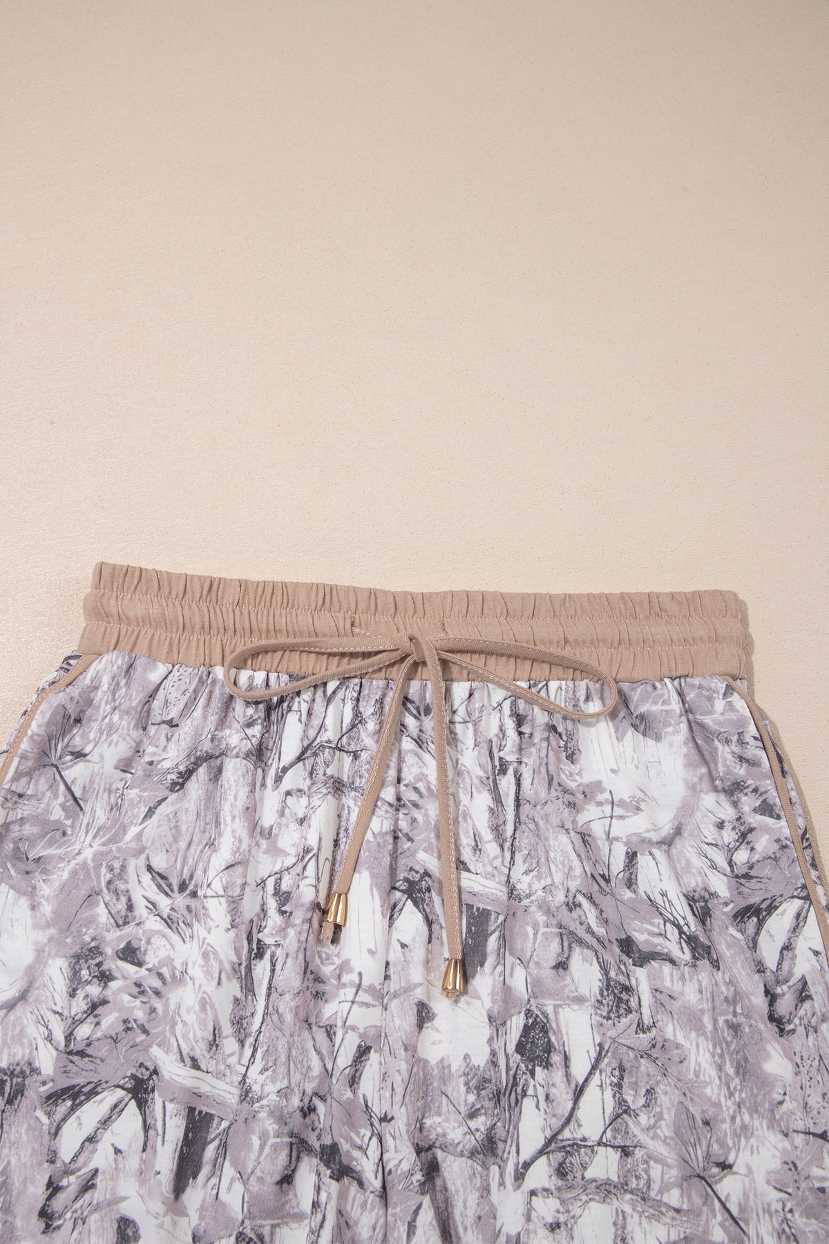 Khaki Camo Woodland Print Drawstring Active Shorts