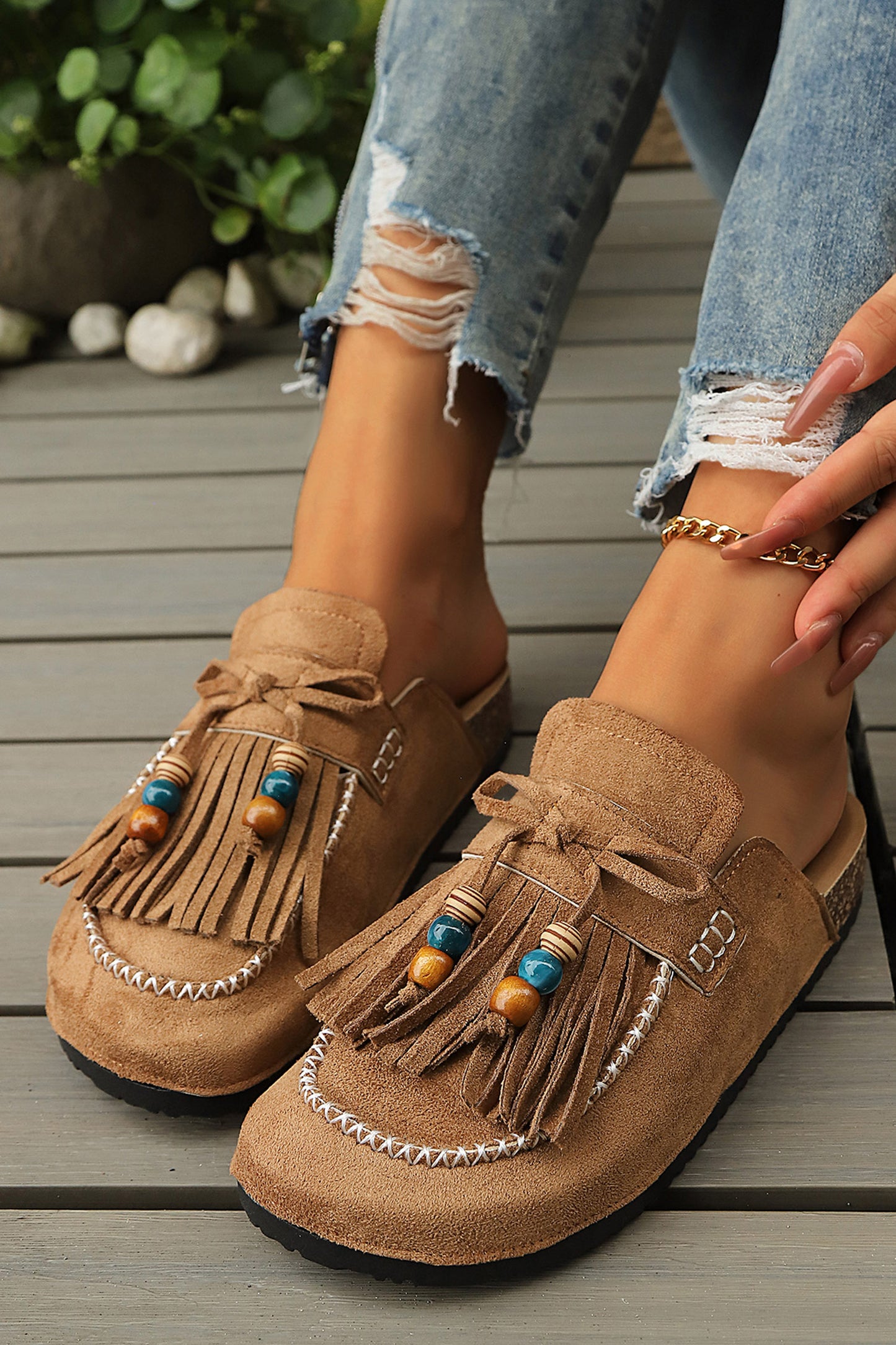 Dark Grey Boho Bow Fringed Faux Suede Slip-on Loafers Square Toe Casual Slippers