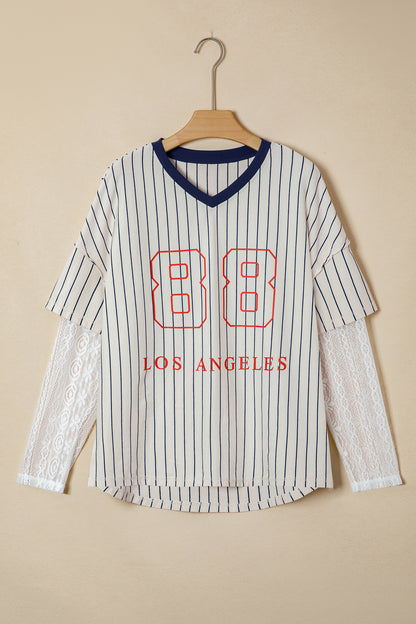 Blue Stripe 88 LOS ANGEL Graphic Lace Patchwork Faux Two Piece V Neck Top