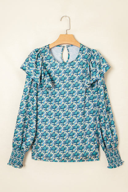Green Abstract Print Shirred Cuff Puff Sleeve Blouse