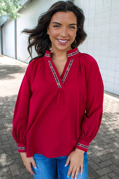 Racing Red Leopard Jacquard Print V Neck Textured Blouse