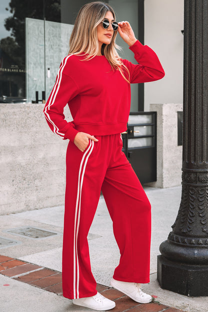 Dirty blue Varsity Striped Detail Crewneck Pullover Elastic Sweatpants 2pcs Outfit