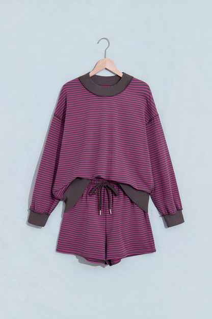 Pink Stripe Ribbed Patchwork Mock Neck Baggy Pullover Matching Shorts Set