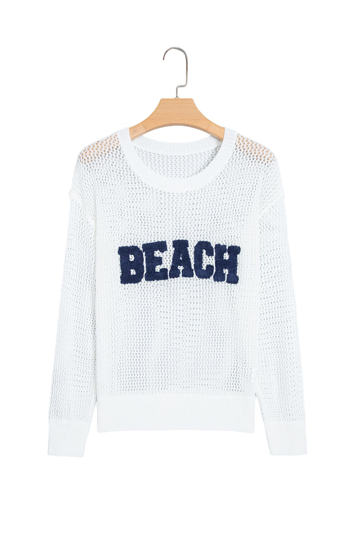 White Chenille BEACH Lettering Hollow Out Knit Casual Sweater