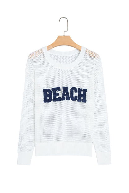 White Chenille BEACH Lettering Hollow Out Knit Casual Sweater