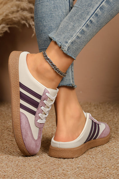 Color black PU Leather Color Block Varsity Lace Up Flat Shoes