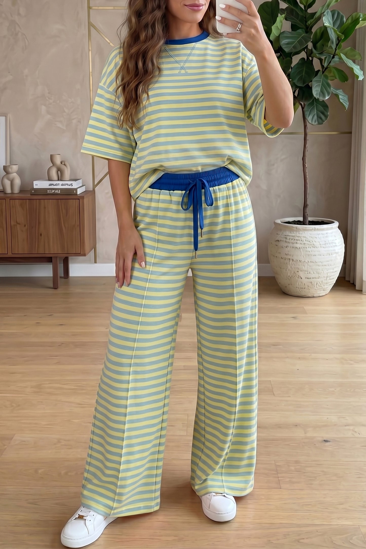 Yellow Stripe Colorblock Trim Crew Neck Loose Tee Drawstring Elastic Waist 2pcs Pant Set