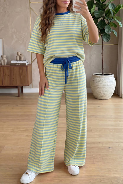 Yellow Stripe Colorblock Trim Crew Neck Loose Tee Drawstring Elastic Waist 2pcs Pant Set