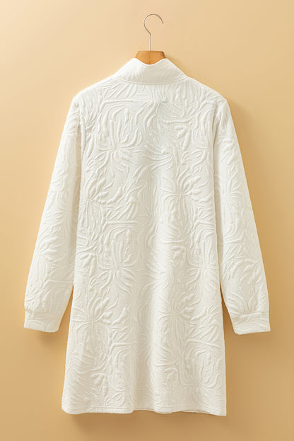 White Jacquard Textured Quarter Zipper Shift Mini Dress