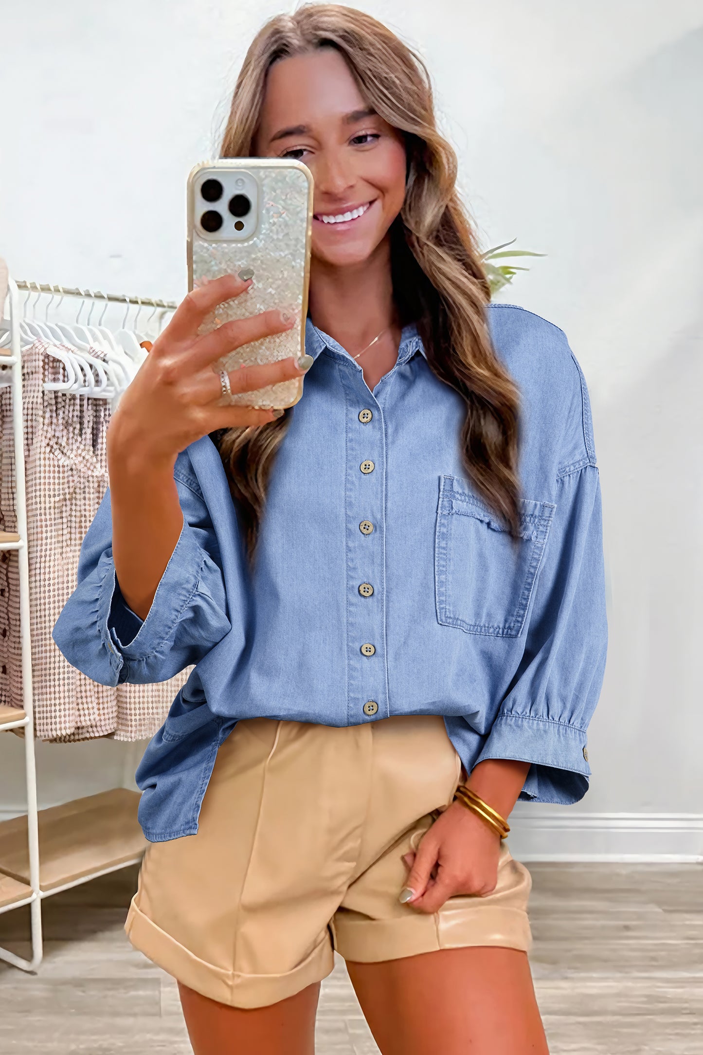 Myosotis Washed Drop Shoulder Bracelet Sleeve Chambray Shirt