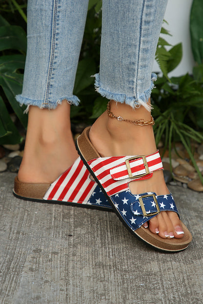 Sky Blue Denim Distressed Retro Buckle Straps Hollowed Faux Suede Slippers