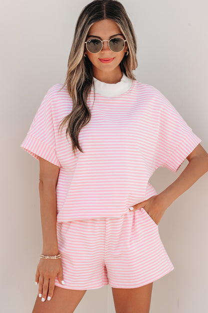 Green Stripe Cuffed Sleeve Contrast Mock Neck Tee Casual 2pcs Short Set