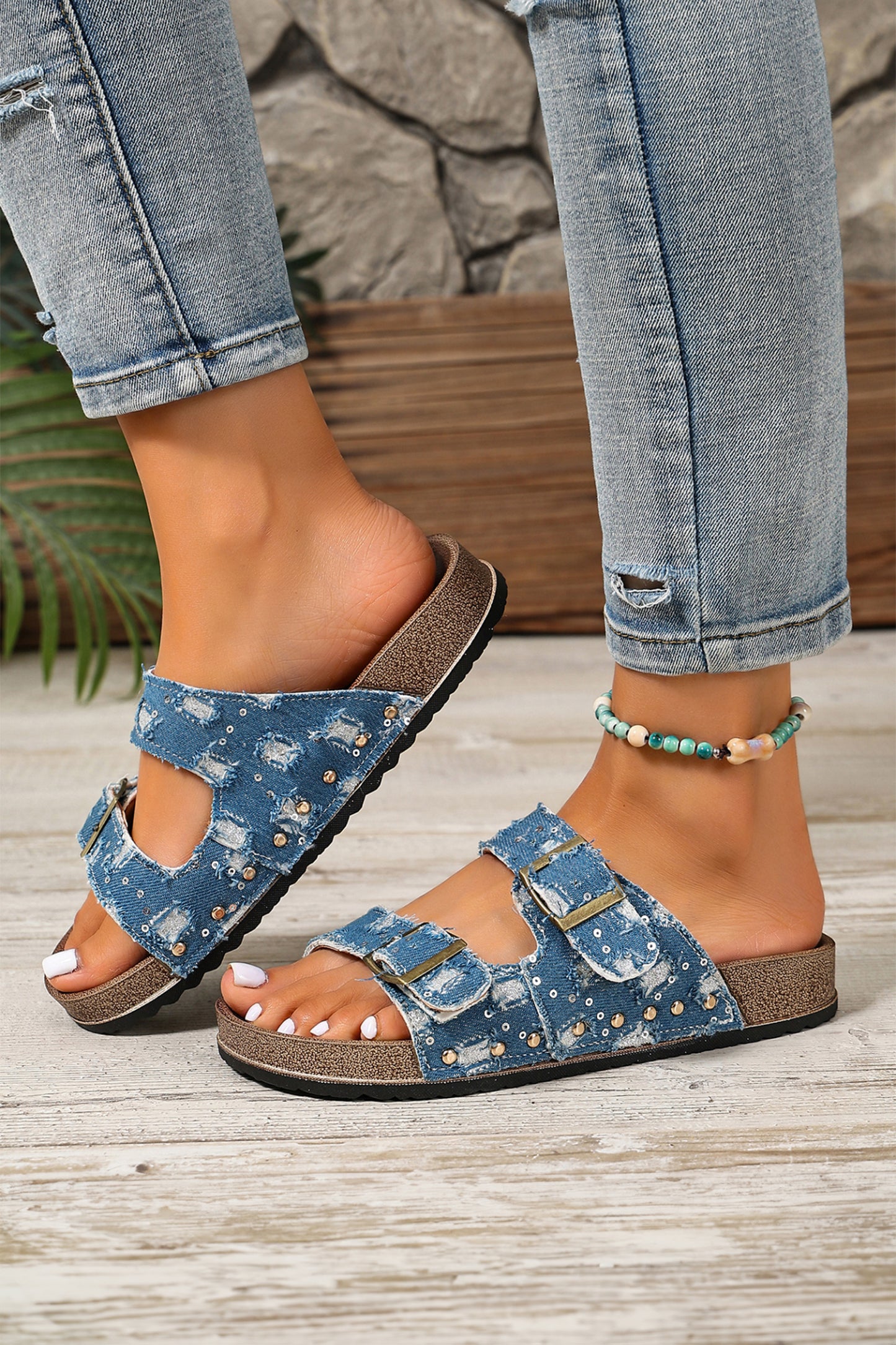 Sky Blue Denim Distressed Retro Buckle Straps Hollowed Faux Suede Slippers