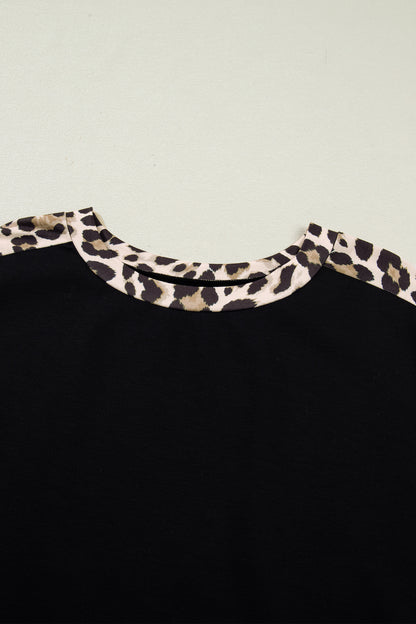 Black Plus Size Leopard Print Patchwork Shift T Shirt Dress with Pockets